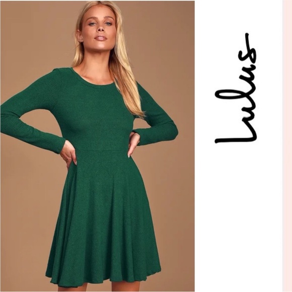 Fit and Fair Hunter Green Ribbed Knit Long Sleeve Skater Dress - Picture 2 of 7